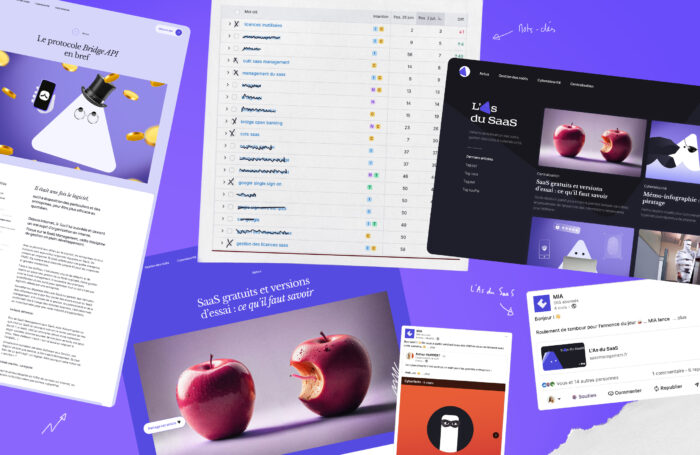 Image de collage présentant les travaux de marketing de contenu du projet MIA comme des articles de blog, des posts LinkedIN ou un tableau de recherche de mots clés.