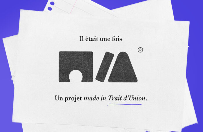 Image au fond violet avec des feuilles de papier superposées sur lesquelles est écrit "Il était une fois MIA. Un projet made in Trait d'Union."